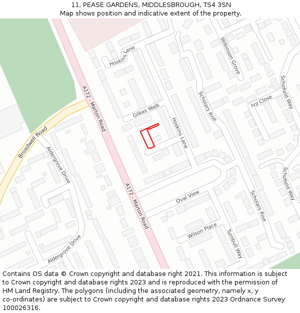 11, PEASE GARDENS, MIDDLESBROUGH, TS4 3SN: Location map and indicative extent of plot