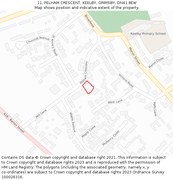 11, PELHAM CRESCENT, KEELBY, GRIMSBY, DN41 8EW: Location map and indicative extent of plot