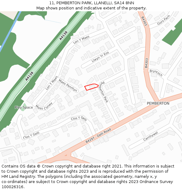 11, PEMBERTON PARK, LLANELLI, SA14 8NN: Location map and indicative extent of plot