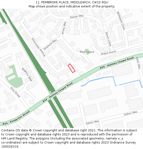 11, PEMBROKE PLACE, MIDDLEWICH, CW10 9QU: Location map and indicative extent of plot