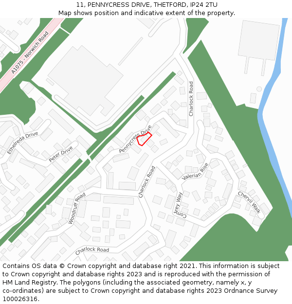 11, PENNYCRESS DRIVE, THETFORD, IP24 2TU: Location map and indicative extent of plot