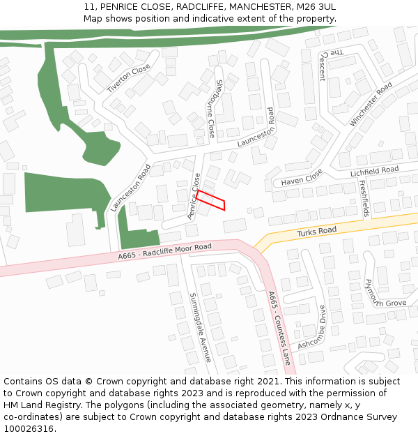 11, PENRICE CLOSE, RADCLIFFE, MANCHESTER, M26 3UL: Location map and indicative extent of plot