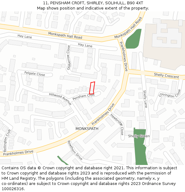 11, PENSHAM CROFT, SHIRLEY, SOLIHULL, B90 4XT: Location map and indicative extent of plot
