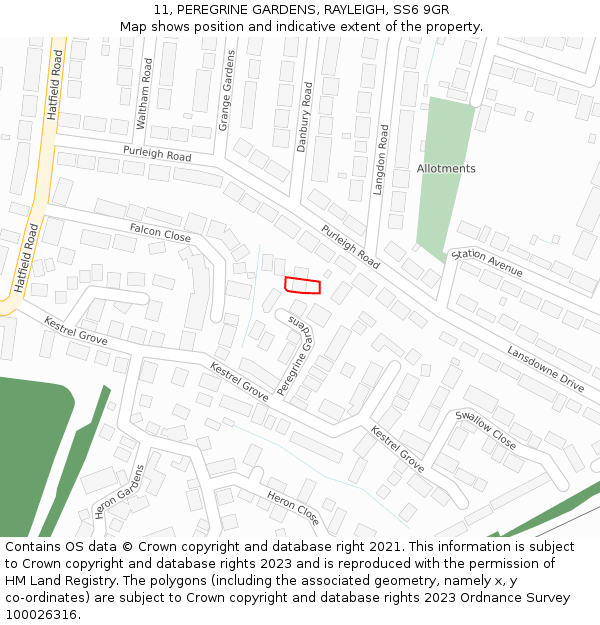 11, PEREGRINE GARDENS, RAYLEIGH, SS6 9GR: Location map and indicative extent of plot