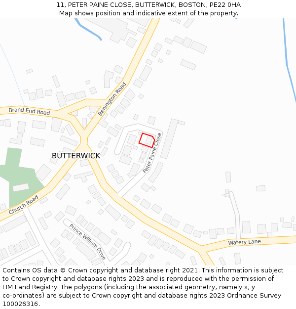 11, PETER PAINE CLOSE, BUTTERWICK, BOSTON, PE22 0HA: Location map and indicative extent of plot
