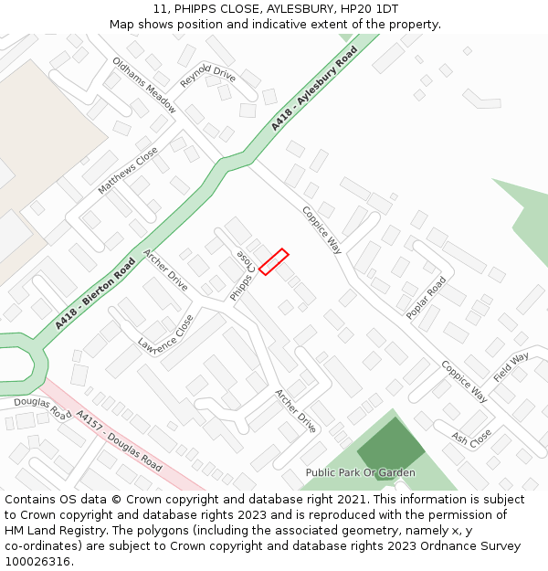 11, PHIPPS CLOSE, AYLESBURY, HP20 1DT: Location map and indicative extent of plot