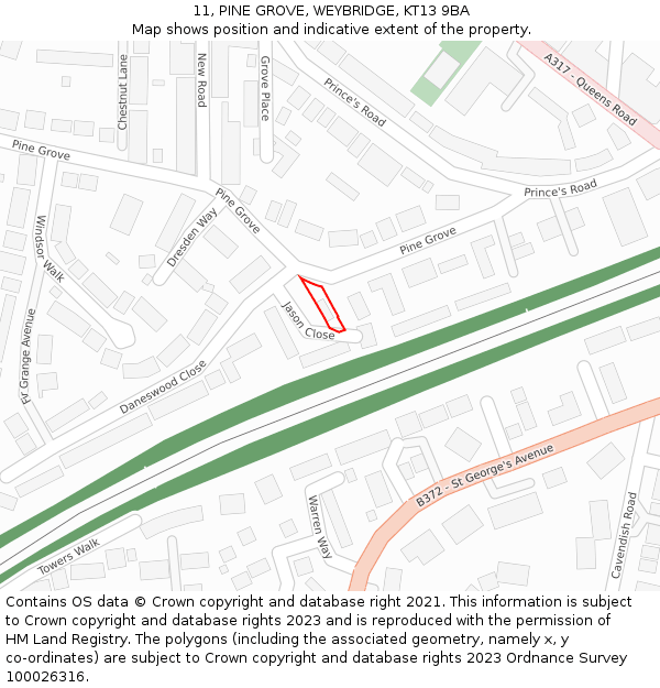11, PINE GROVE, WEYBRIDGE, KT13 9BA: Location map and indicative extent of plot