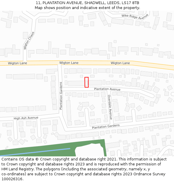 11, PLANTATION AVENUE, SHADWELL, LEEDS, LS17 8TB: Location map and indicative extent of plot