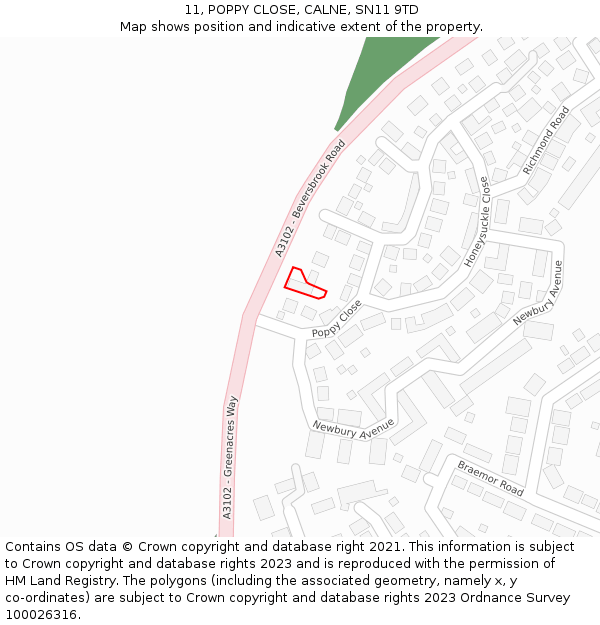 11, POPPY CLOSE, CALNE, SN11 9TD: Location map and indicative extent of plot
