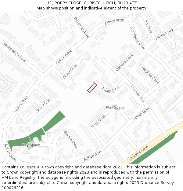 11, POPPY CLOSE, CHRISTCHURCH, BH23 4TZ: Location map and indicative extent of plot
