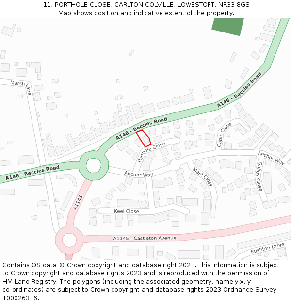 11, PORTHOLE CLOSE, CARLTON COLVILLE, LOWESTOFT, NR33 8GS: Location map and indicative extent of plot