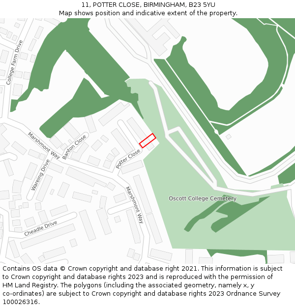 11, POTTER CLOSE, BIRMINGHAM, B23 5YU: Location map and indicative extent of plot