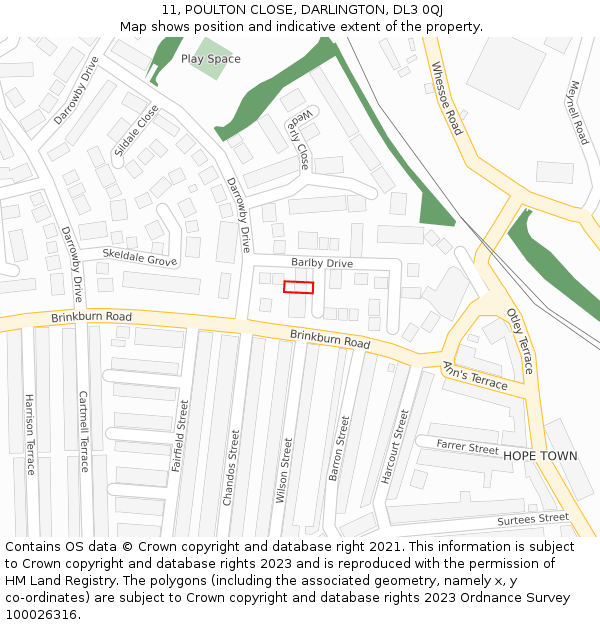 11, POULTON CLOSE, DARLINGTON, DL3 0QJ: Location map and indicative extent of plot