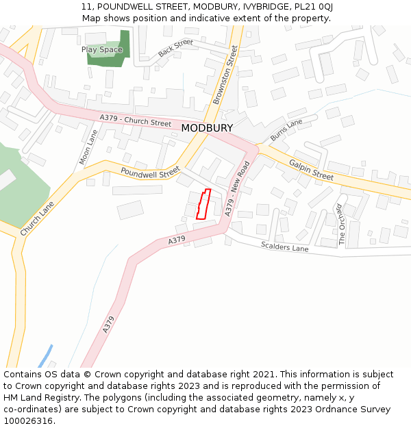 11, POUNDWELL STREET, MODBURY, IVYBRIDGE, PL21 0QJ: Location map and indicative extent of plot