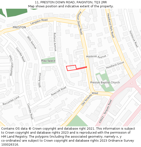 11, PRESTON DOWN ROAD, PAIGNTON, TQ3 2RR: Location map and indicative extent of plot