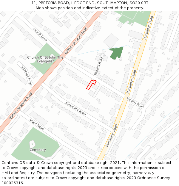 11, PRETORIA ROAD, HEDGE END, SOUTHAMPTON, SO30 0BT: Location map and indicative extent of plot