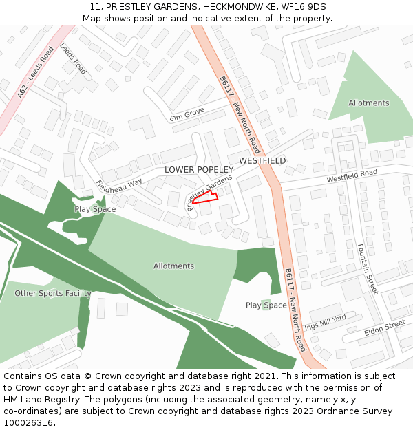 11, PRIESTLEY GARDENS, HECKMONDWIKE, WF16 9DS: Location map and indicative extent of plot