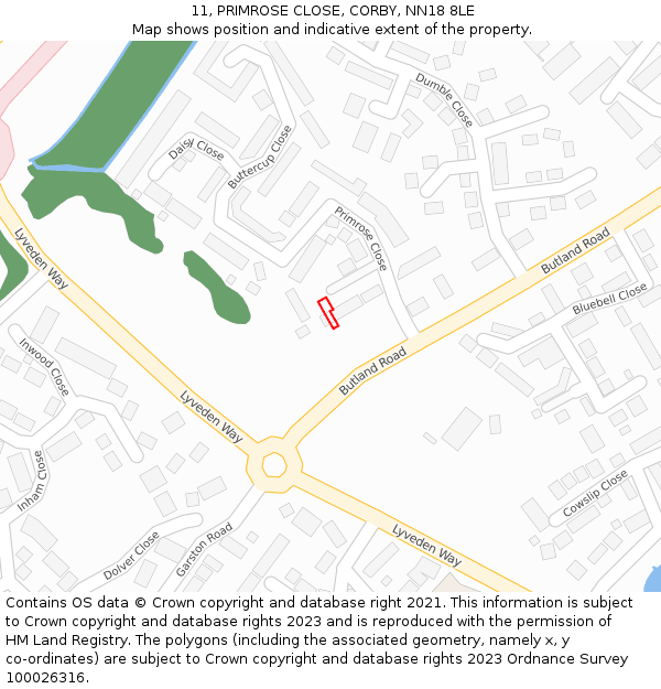 11, PRIMROSE CLOSE, CORBY, NN18 8LE: Location map and indicative extent of plot