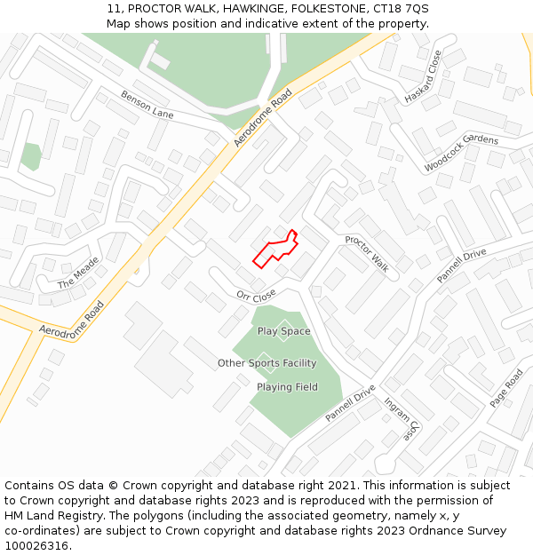 11, PROCTOR WALK, HAWKINGE, FOLKESTONE, CT18 7QS: Location map and indicative extent of plot