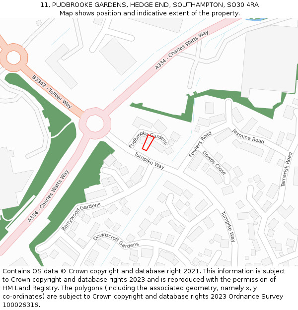 11, PUDBROOKE GARDENS, HEDGE END, SOUTHAMPTON, SO30 4RA: Location map and indicative extent of plot
