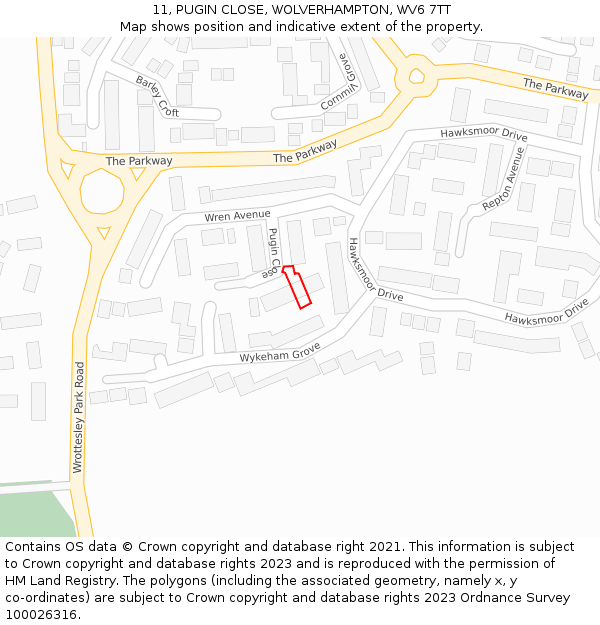 11, PUGIN CLOSE, WOLVERHAMPTON, WV6 7TT: Location map and indicative extent of plot