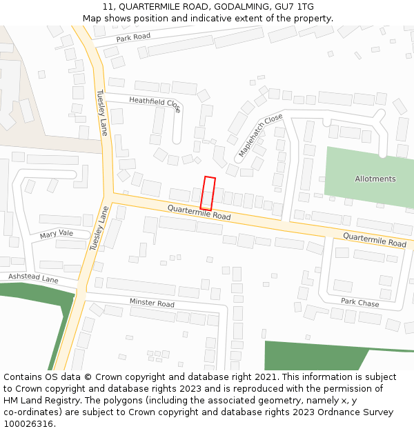 11, QUARTERMILE ROAD, GODALMING, GU7 1TG: Location map and indicative extent of plot