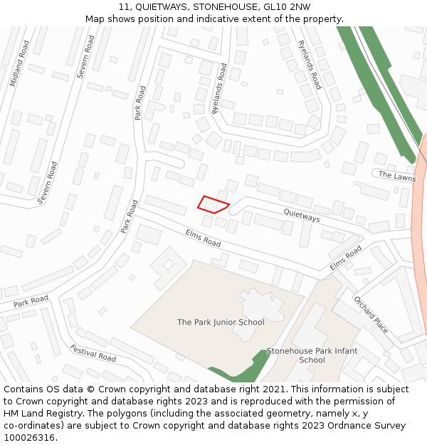 11, QUIETWAYS, STONEHOUSE, GL10 2NW: Location map and indicative extent of plot