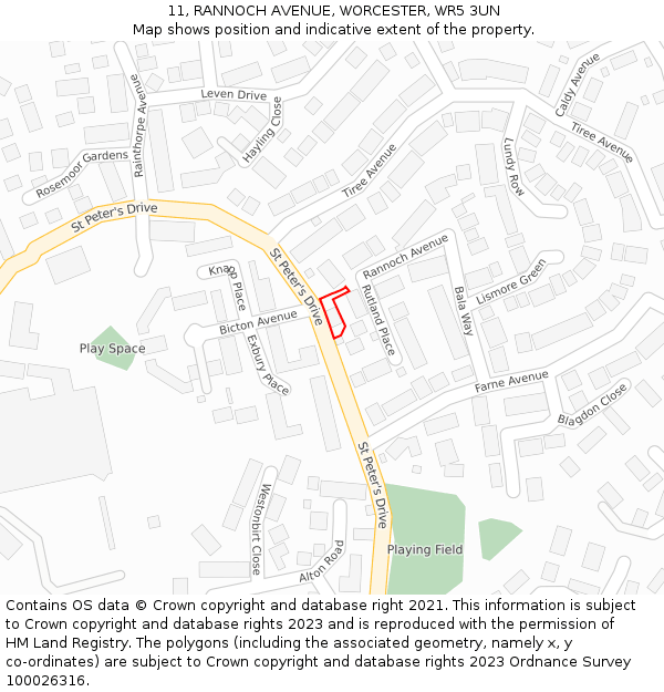 11, RANNOCH AVENUE, WORCESTER, WR5 3UN: Location map and indicative extent of plot