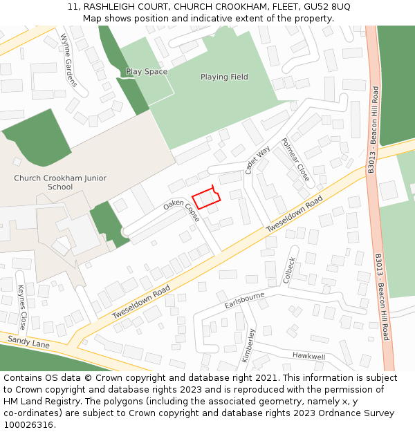 11, RASHLEIGH COURT, CHURCH CROOKHAM, FLEET, GU52 8UQ: Location map and indicative extent of plot