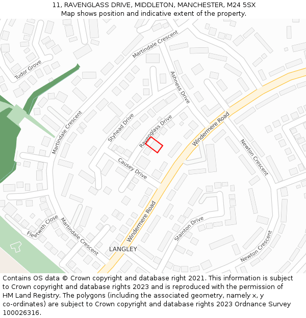 11, RAVENGLASS DRIVE, MIDDLETON, MANCHESTER, M24 5SX: Location map and indicative extent of plot