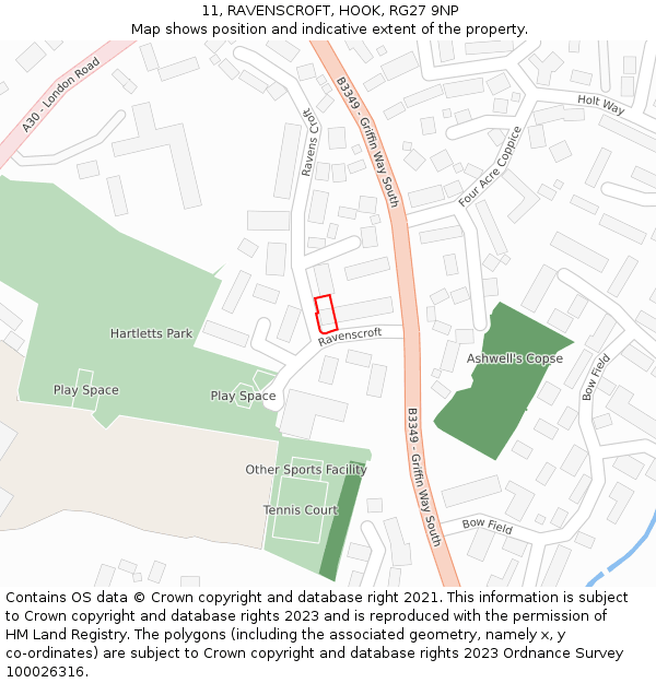 11, RAVENSCROFT, HOOK, RG27 9NP: Location map and indicative extent of plot