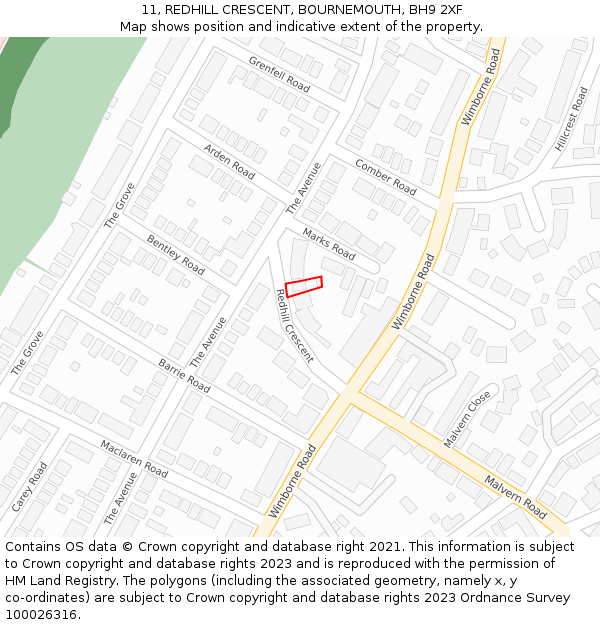 11, REDHILL CRESCENT, BOURNEMOUTH, BH9 2XF: Location map and indicative extent of plot
