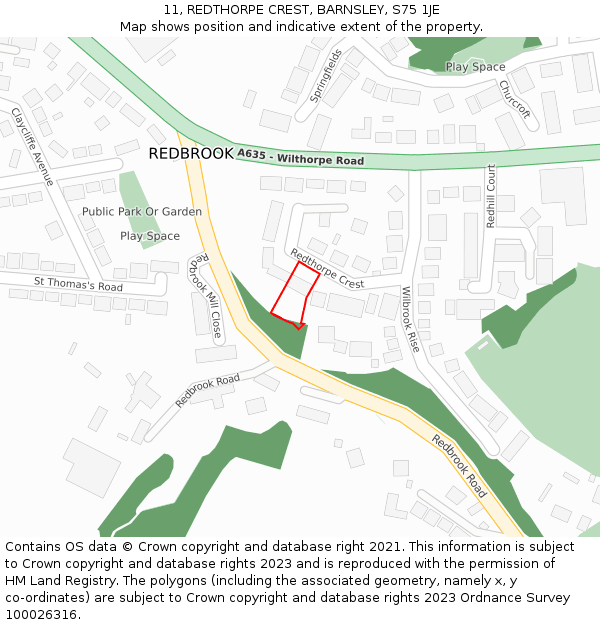 11, REDTHORPE CREST, BARNSLEY, S75 1JE: Location map and indicative extent of plot
