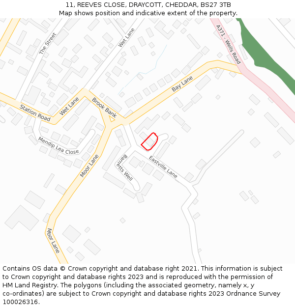 11, REEVES CLOSE, DRAYCOTT, CHEDDAR, BS27 3TB: Location map and indicative extent of plot