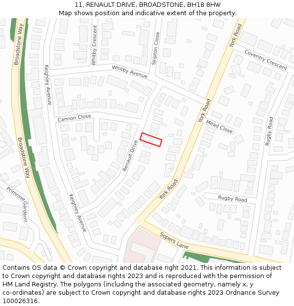11, RENAULT DRIVE, BROADSTONE, BH18 8HW: Location map and indicative extent of plot