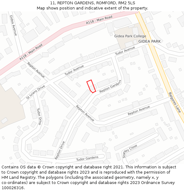 11, REPTON GARDENS, ROMFORD, RM2 5LS: Location map and indicative extent of plot