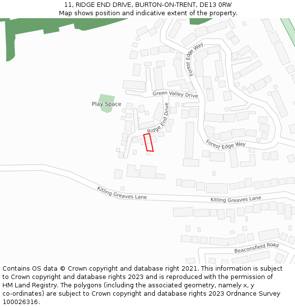 11, RIDGE END DRIVE, BURTON-ON-TRENT, DE13 0RW: Location map and indicative extent of plot