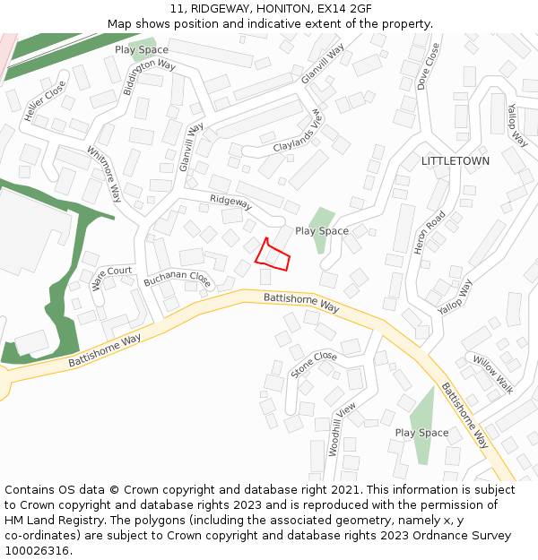 11, RIDGEWAY, HONITON, EX14 2GF: Location map and indicative extent of plot
