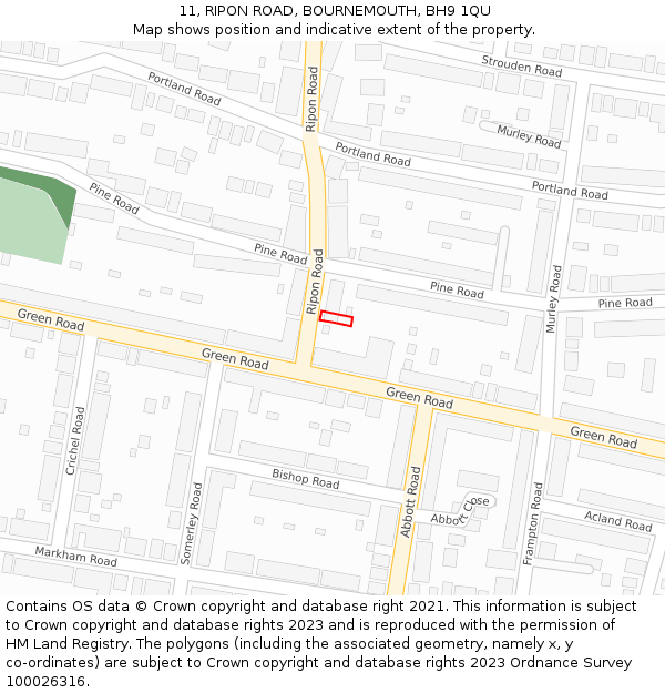11, RIPON ROAD, BOURNEMOUTH, BH9 1QU: Location map and indicative extent of plot