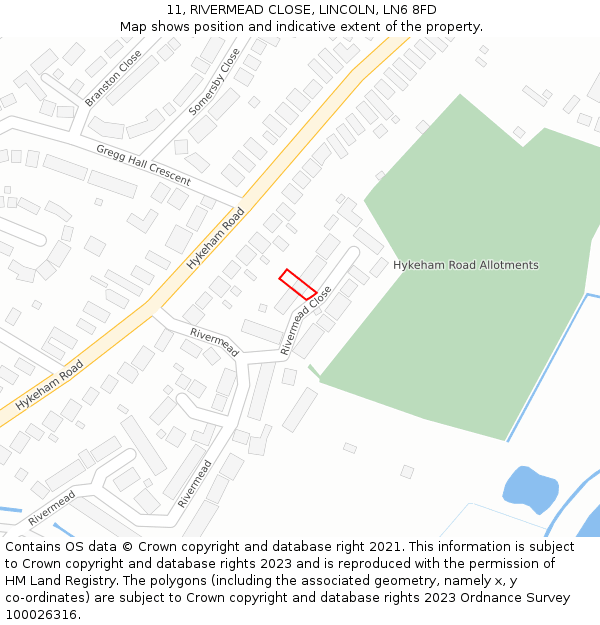 11, RIVERMEAD CLOSE, LINCOLN, LN6 8FD: Location map and indicative extent of plot