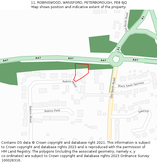 11, ROBINSWOOD, WANSFORD, PETERBOROUGH, PE8 6JQ: Location map and indicative extent of plot