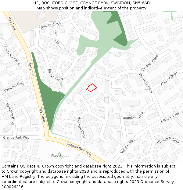 11, ROCHFORD CLOSE, GRANGE PARK, SWINDON, SN5 6AB: Location map and indicative extent of plot