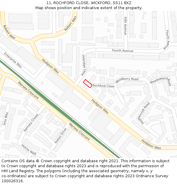 11, ROCHFORD CLOSE, WICKFORD, SS11 8XZ: Location map and indicative extent of plot