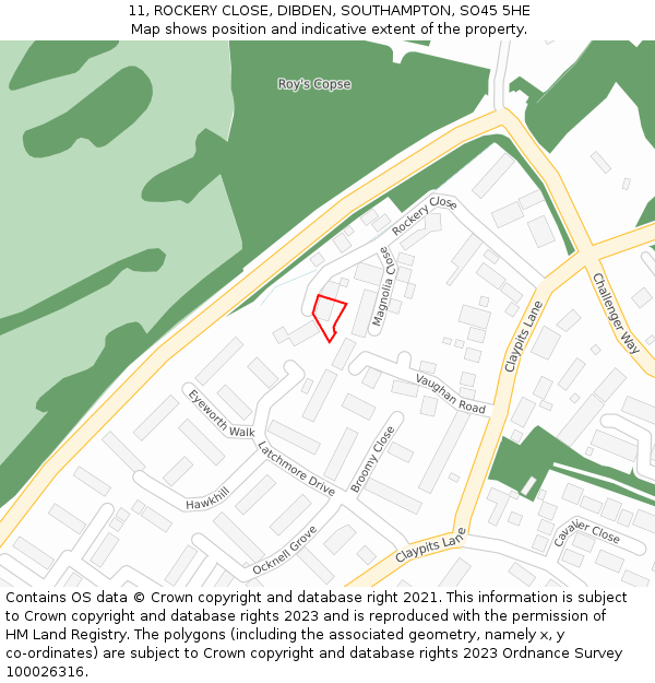 11, ROCKERY CLOSE, DIBDEN, SOUTHAMPTON, SO45 5HE: Location map and indicative extent of plot