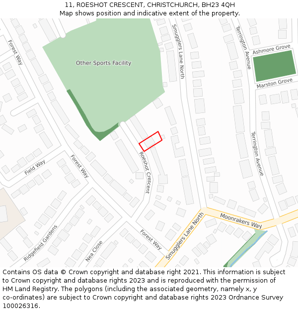 11, ROESHOT CRESCENT, CHRISTCHURCH, BH23 4QH: Location map and indicative extent of plot