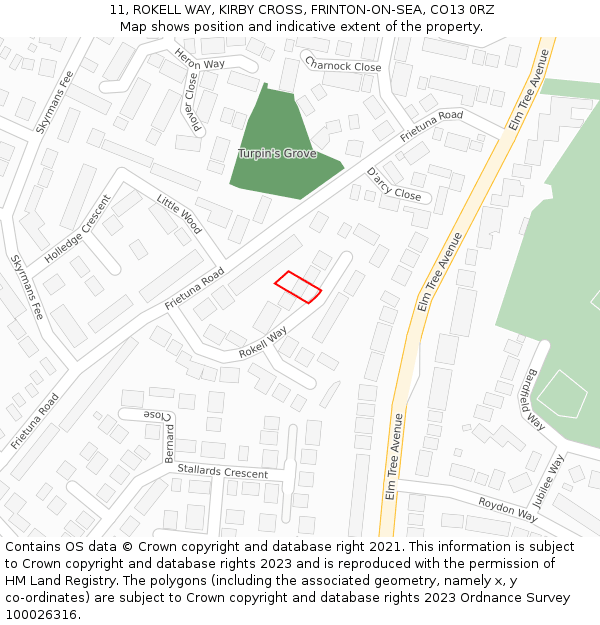 11, ROKELL WAY, KIRBY CROSS, FRINTON-ON-SEA, CO13 0RZ: Location map and indicative extent of plot