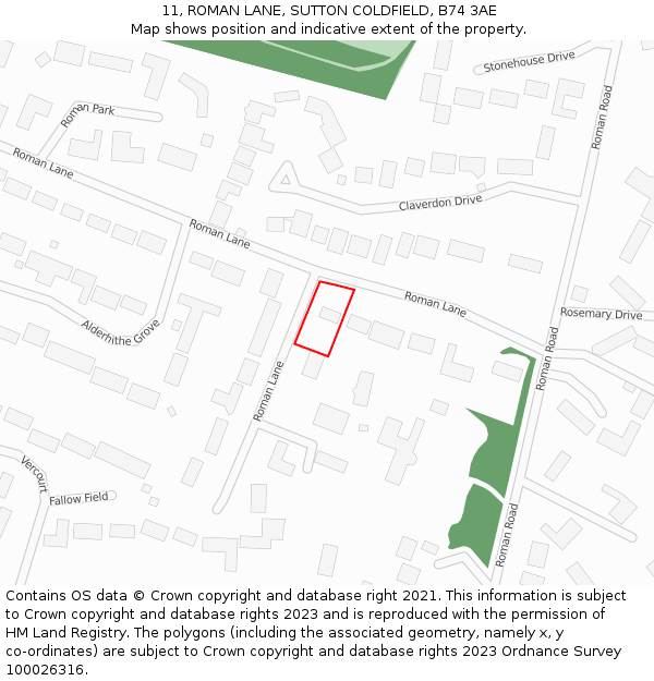 11, ROMAN LANE, SUTTON COLDFIELD, B74 3AE: Location map and indicative extent of plot