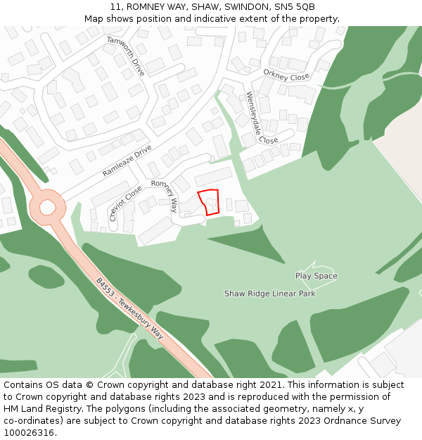 11, ROMNEY WAY, SHAW, SWINDON, SN5 5QB: Location map and indicative extent of plot