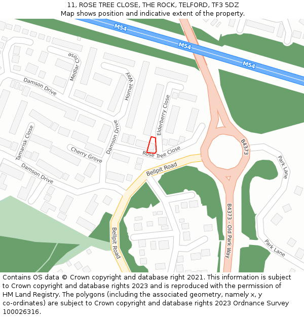 11, ROSE TREE CLOSE, THE ROCK, TELFORD, TF3 5DZ: Location map and indicative extent of plot