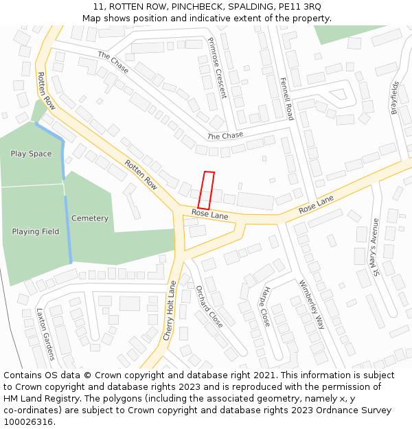 11, ROTTEN ROW, PINCHBECK, SPALDING, PE11 3RQ: Location map and indicative extent of plot